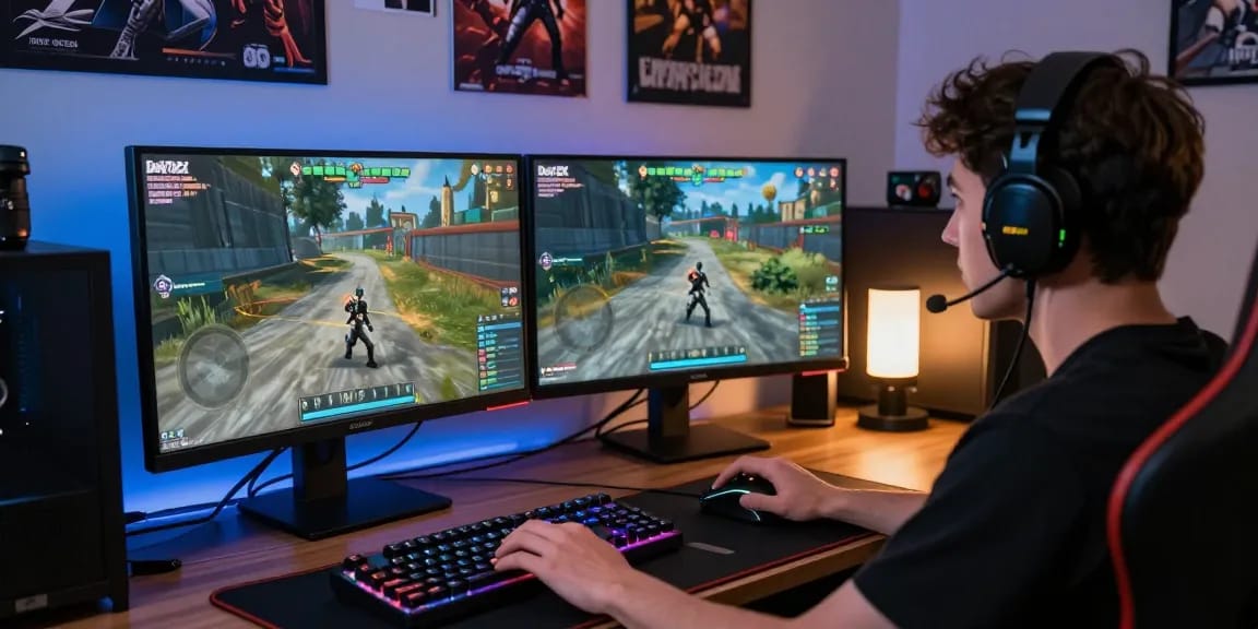 DayZ Hack gaming setup with dual monitors, aimbot overlays, and immersive atmosphere