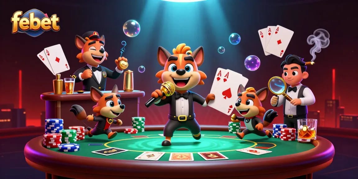 Experience febet's engaging comedy casino atmosphere with cartoon hyenas in vibrant action.