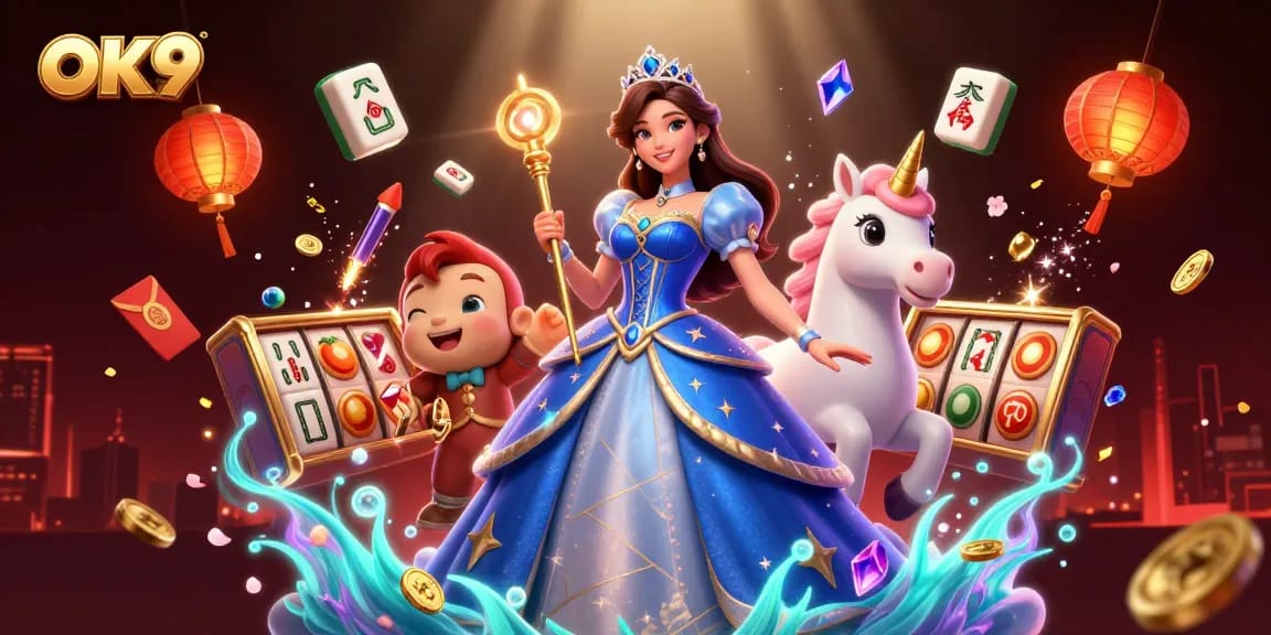 Experience thrilling casino action at OK9 with a stunning 3D illustration of gaming excitement featuring vibrant characters.