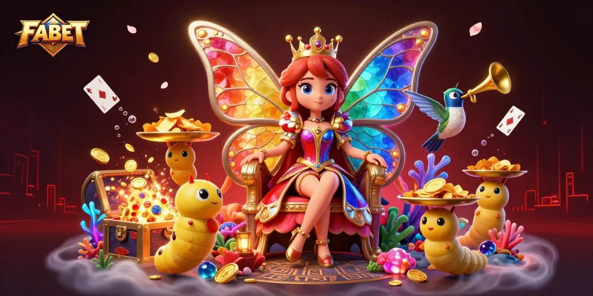 Experience the vibrant energy of FABET with the butterfly queen in a colorful casino scene.