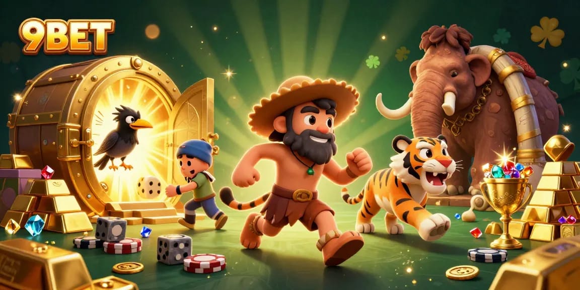 Engage with 9BET in this vibrant casino scene featuring a caveman, sabertooth tiger, and clever crow.