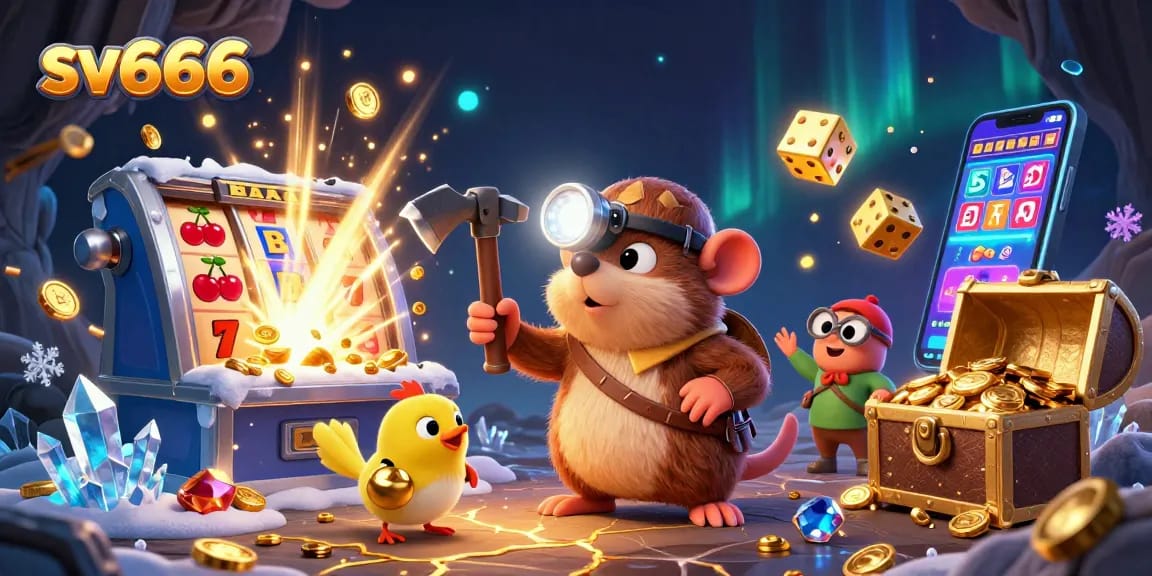 Experience the excitement of sv666 with a cartoon mole winning in a vibrant casino scene filled with jackpots.