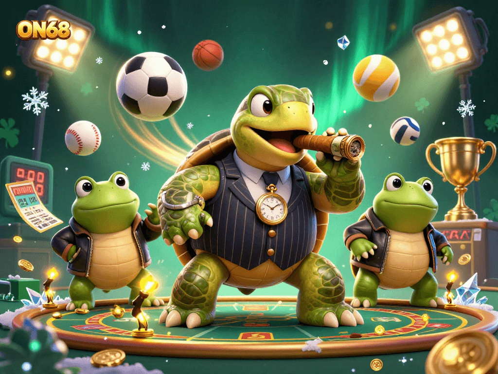 Experience thrilling action at ON68 with an exciting 3D casino scene featuring a turtle mobster.