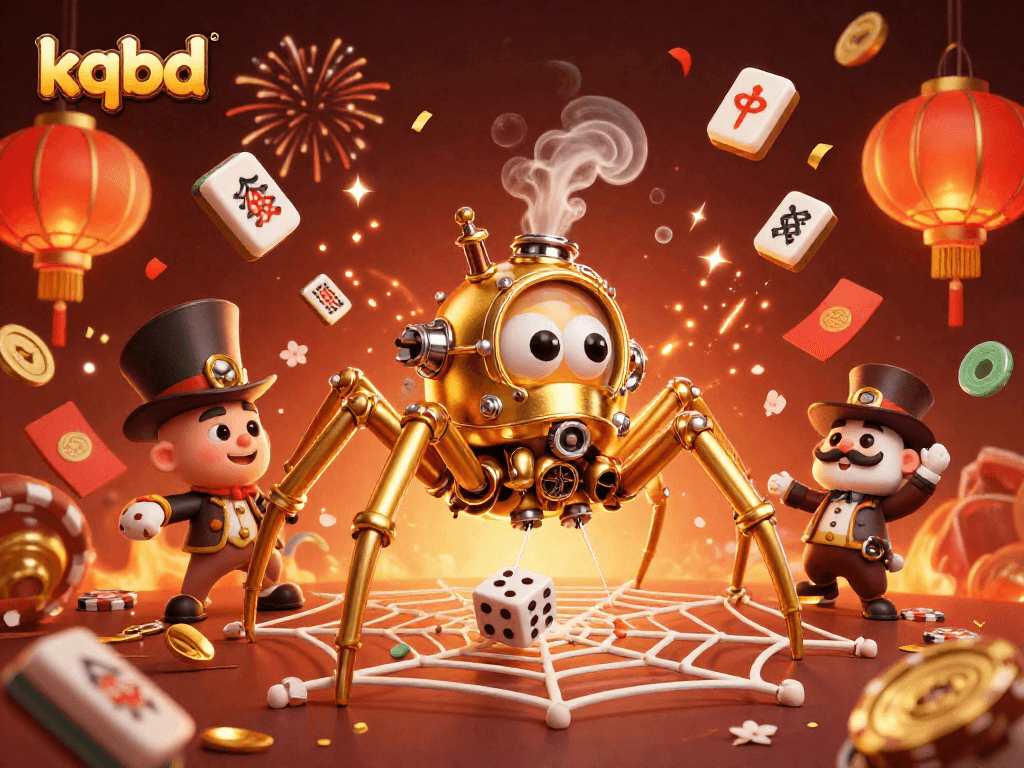 Engage with the thrilling kqbd dynamic as the charming golden spider captures unlucky dice in a colorful festive scene.