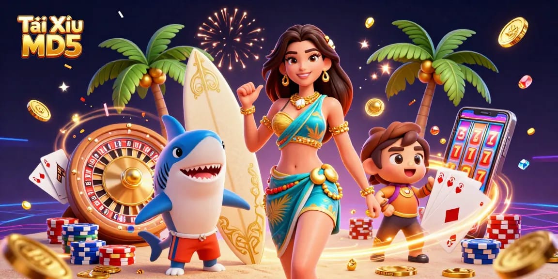 Tài Xỉu MD5 game elements with glamorous characters celebrating big wins in a vibrant casino scene.