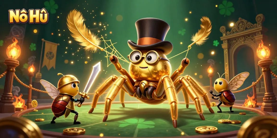 Nổ Hũ spins to win in a vibrant casino scene with a golden tarantula, beetle knight, and dynamic gameplay elements.
