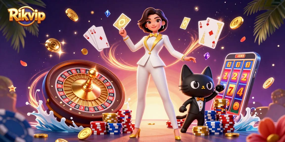 Experience the thrilling fun of Rikvip with an engaging card game scene filled with vibrant casino elements.