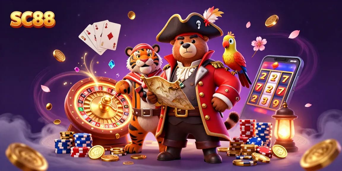 Experience thrilling gaming action at SC88 with vibrant characters, vivid casino elements, and dynamic energy.