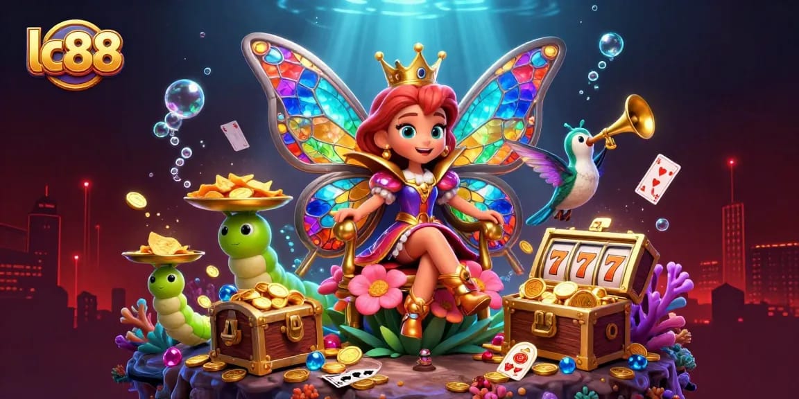 Engage with lc88's vibrant casino adventure featuring a butterfly queen surrounded by slots and treasures.