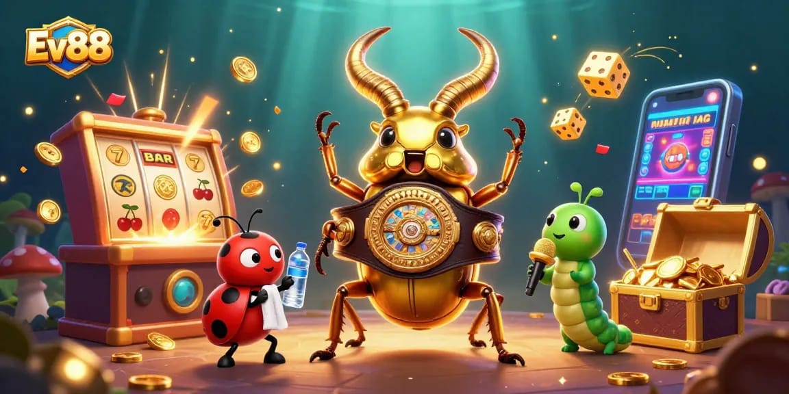 Ev88 casino scene showcasing a giant golden beetle and ladybug amidst jackpot excitement.