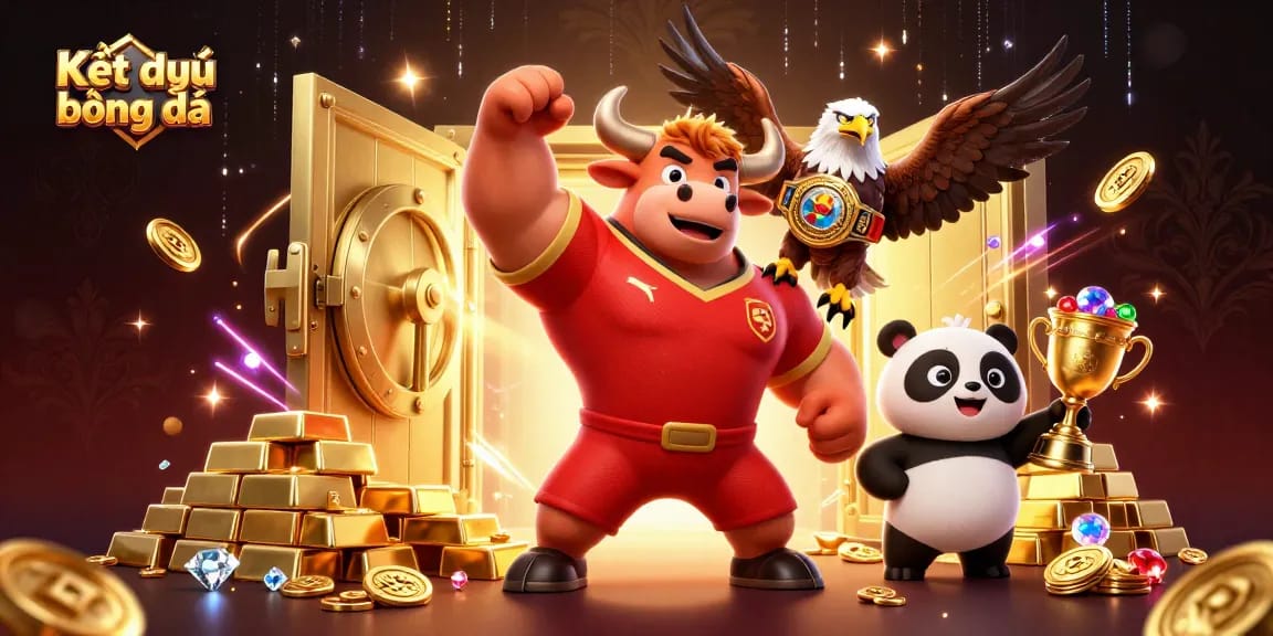 Kết quả bóng đá takes center stage with a vibrant 3D scene featuring a winning bull mascot, eagle champion, and trophy panda.