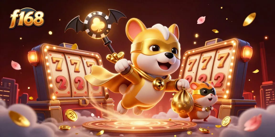 Experience the thrills of f168 casino slots with a superhero dog and hamster in a rich, 3D illustration.