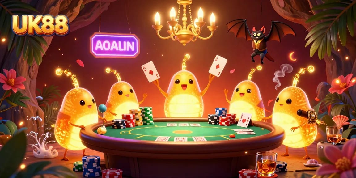 Experience thrilling gameplay at UK88, with a lively casino environment lit by glowworms and a bat dealer.