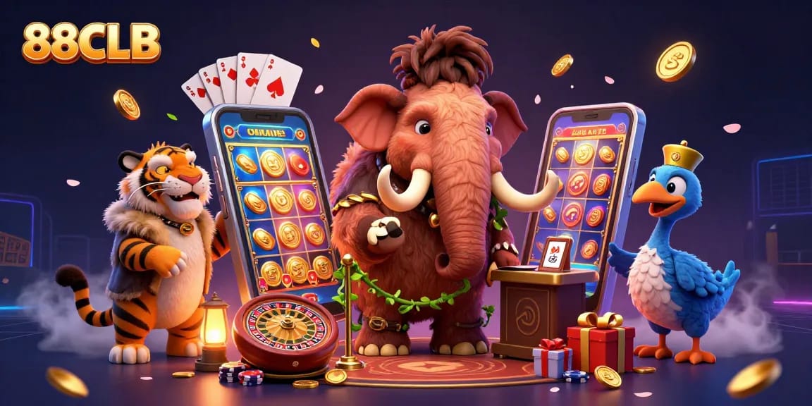 Experience the excitement of 88CLB with a vibrant 3D casino illustration featuring iconic characters.