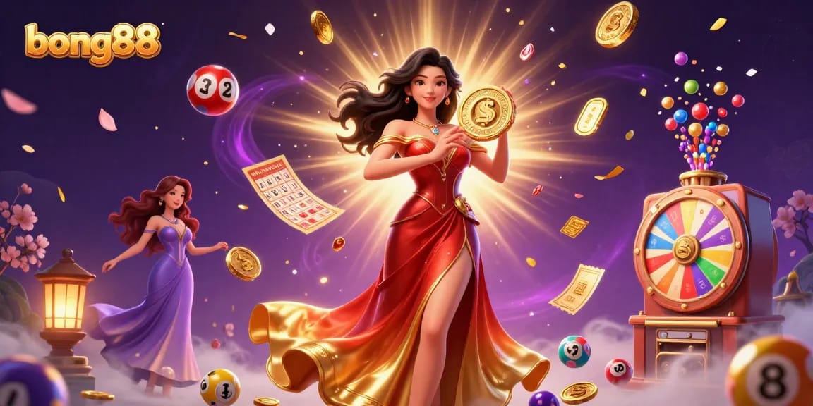 Bong88 showcases a stunning Asian woman holding a golden coin amidst a vibrant casino-themed scene with lottery elements.
