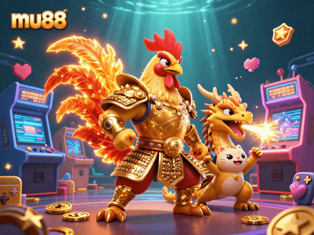 Experience MU88's thrilling gaming world with dynamic rooster warriors and arcade action.