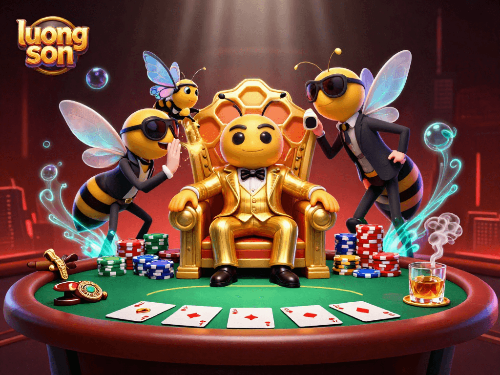 Experience the thrilling action of luong son with a luxurious 3D illustration featuring vibrant characters and poker elements.