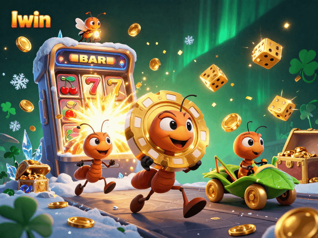 Iwin ants heist scene featuring a massive slot machine explosion and treasures in an engaging 3D illustration