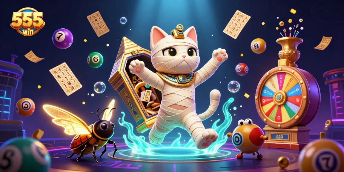 Experience thrilling gaming with 555win's vibrant illustrated scene showcasing a mummy cat and casino action.