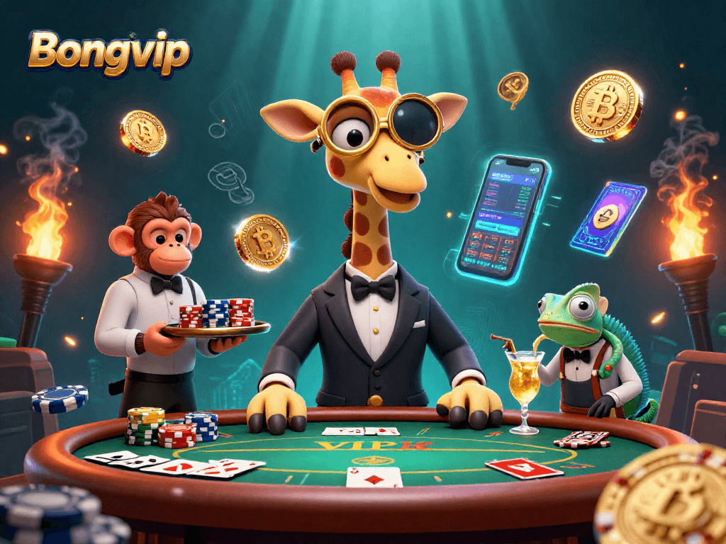 Bongvip enhances thrilling poker gameplay as a charming giraffe interacts with a monkey and chameleon, surrounded by rich casino elements.