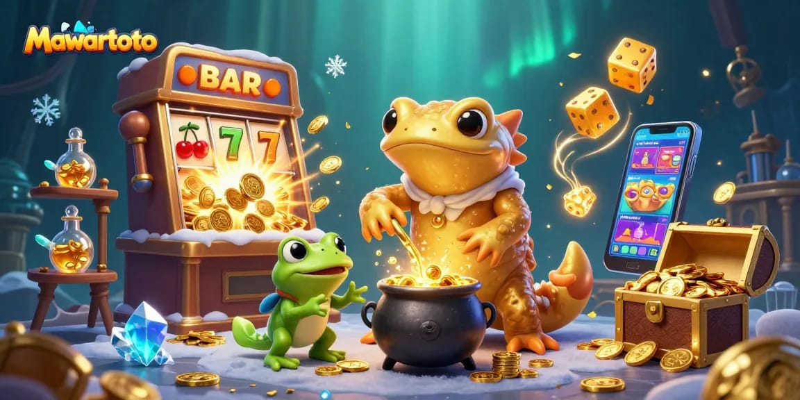 Mawartoto showcases a magical 3D alchemist scene with gold production and casino elements.