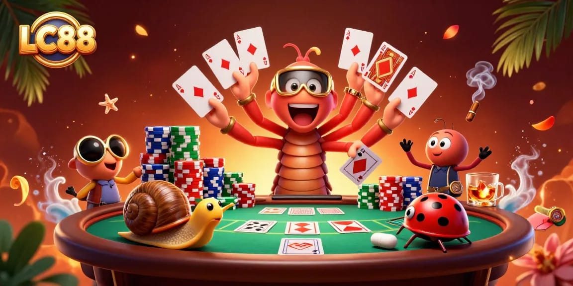 LC88 dealer joins a thrilling poker game with a millipede, snail, and pill bug in vibrant 3D illustration.