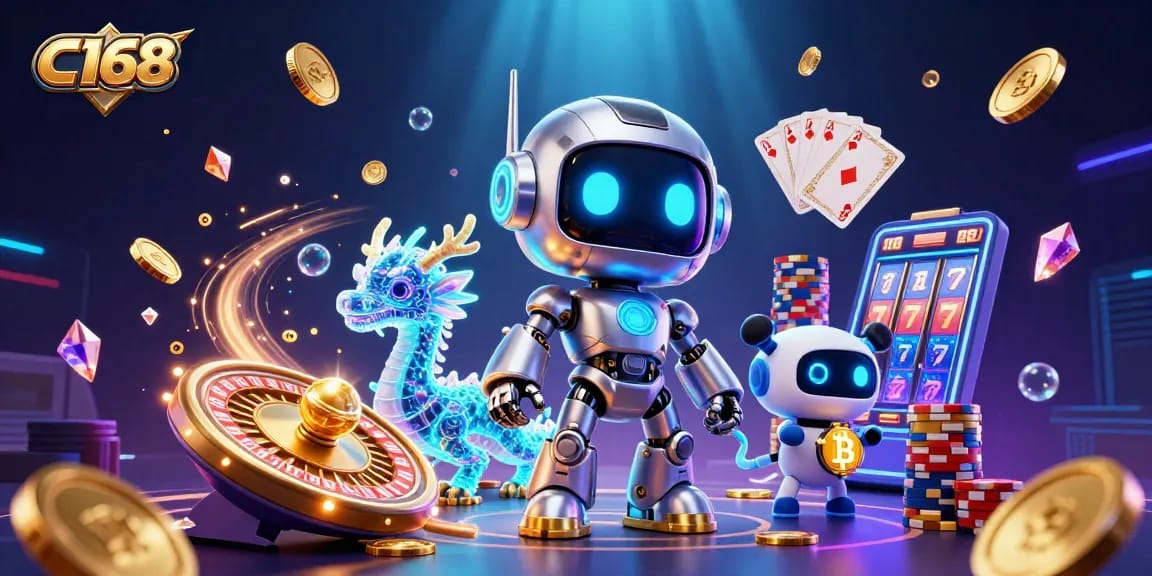 C168 casino promotion with robotic mascot, colorful chips, and golden coins attracting players