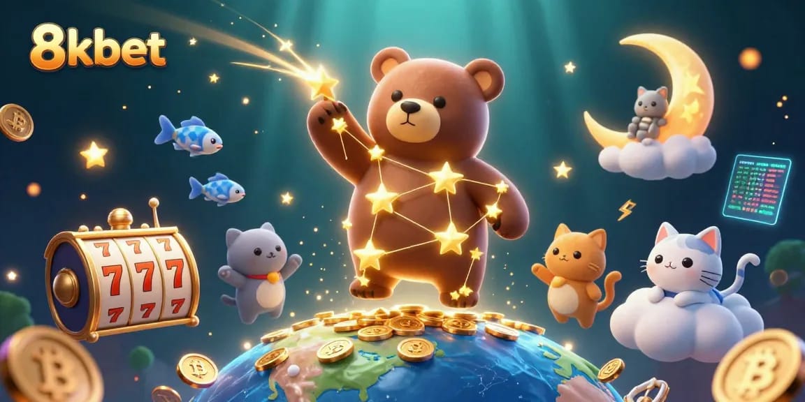 Engage with 8kbet's vibrant casino experience featuring a constellation bear and dynamic gaming elements.