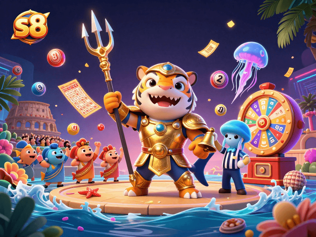 Engage with the exciting world of s8, featuring a tiger shark in gladiator armor amidst dynamic lottery elements.