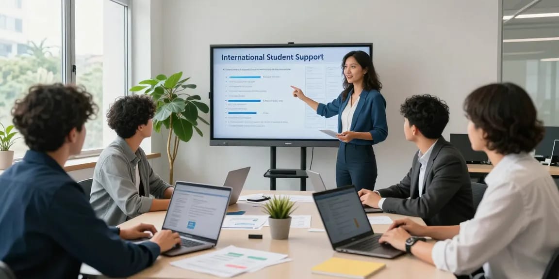 Collaborative meeting scene at https://aisa.org.uk with international student advisors discussing data and strategies.