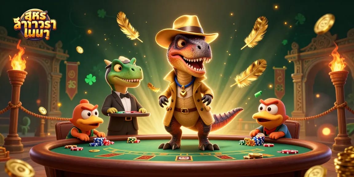Engage with สูตรบาคาร่าแม่นๆ strategies at a lively casino scene featuring clever velociraptors and dynamic elements.
