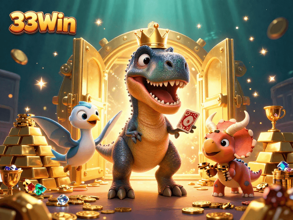 Engage with 33Win's immersive casino scene featuring cartoon dinosaurs among treasures.