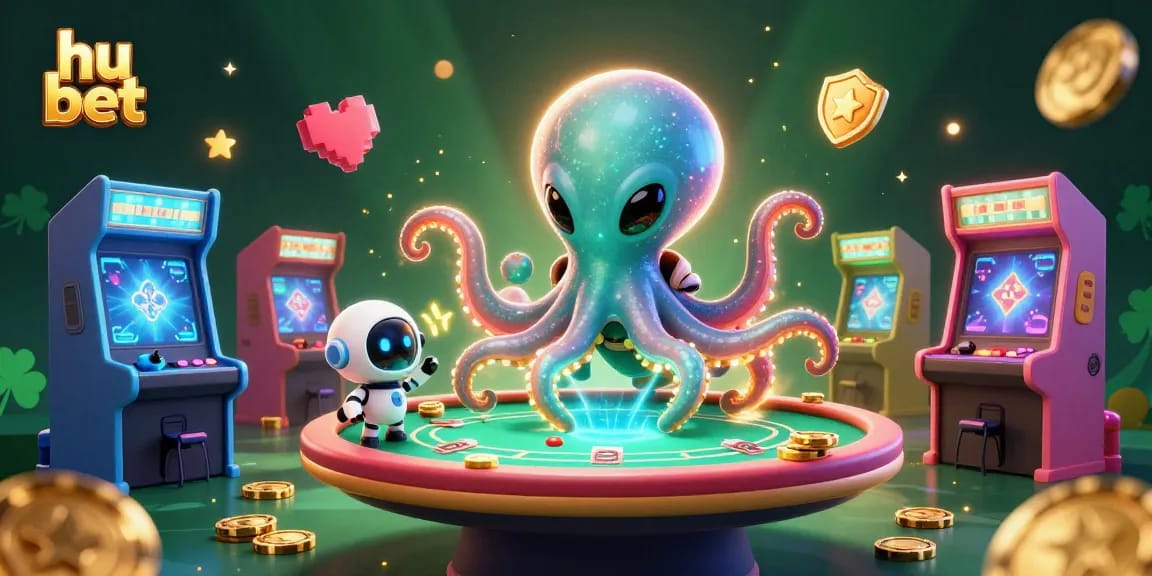 Betting at hu bet with a cosmic theme featuring an octopus and a robot, with vibrant gaming elements.