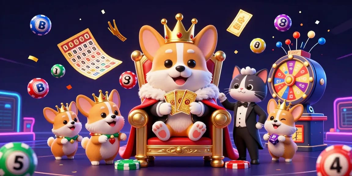 Engage in thrilling gambling adventures with 33win, featuring a royal corgi and vibrant lottery elements.