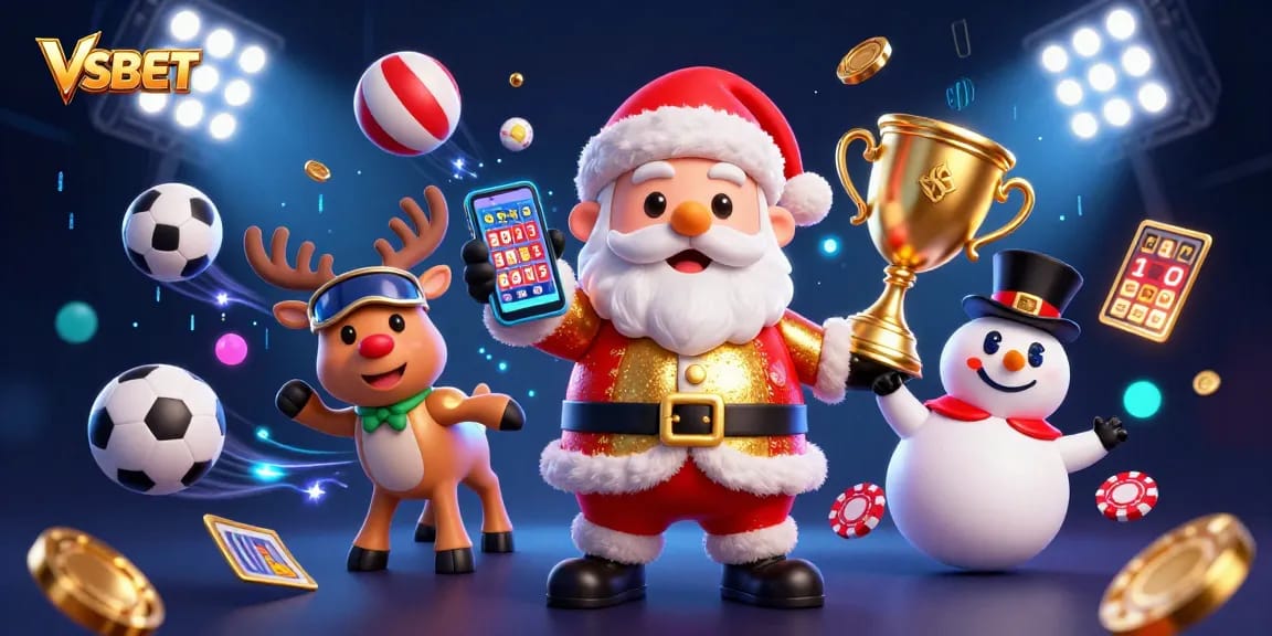 Experience exciting games at VSBET with Santa Claus and his friends in a vibrant casino scene!