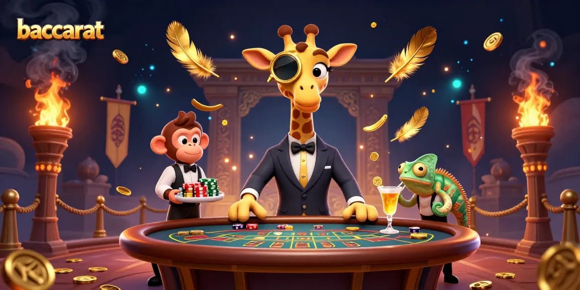 Baccarat table scene featuring a high-roller giraffe and characters engaging in casino action with gold and ember effects.