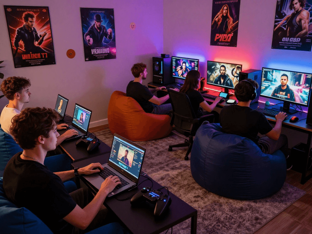 Gamers enjoying interactive porn games in a vibrant gaming room.