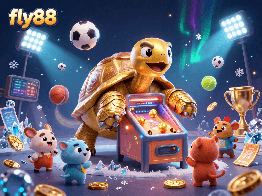 Experience the excitement of fly88 with a dynamic gaming scene featuring sports elements and animations.