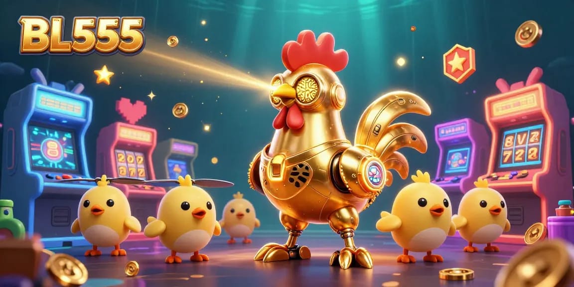 Engage with BL555's vibrant gaming environment, featuring a golden rooster robot and arcade machines.