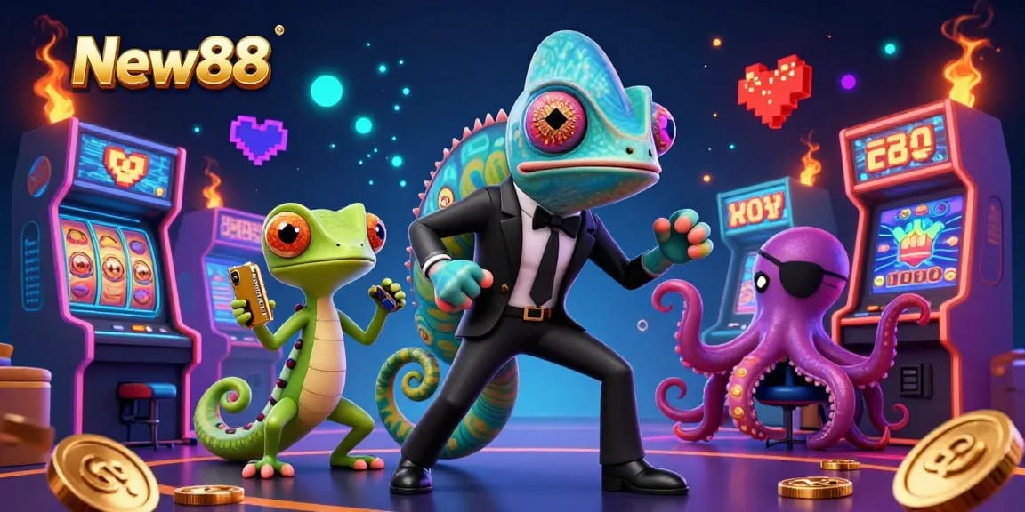 Engage in thrilling games at New88, featuring colorful slot machines and dynamic casino action.