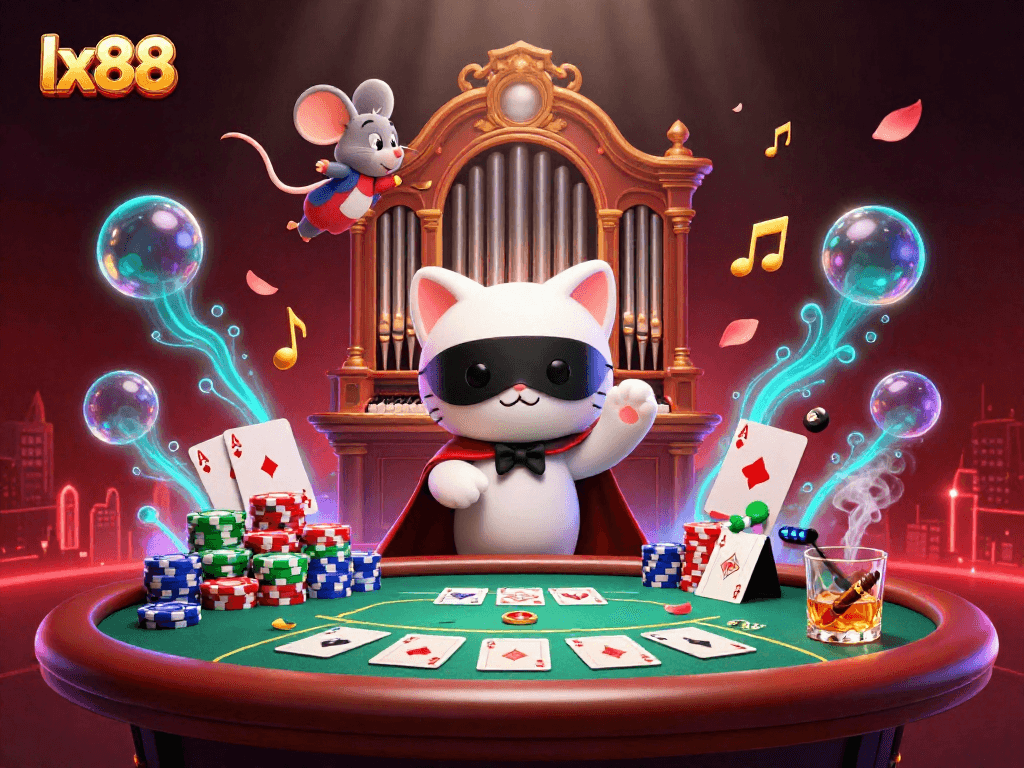 Experience thrilling gaming action with lx88, featuring a captivating casino scene with unique characters.