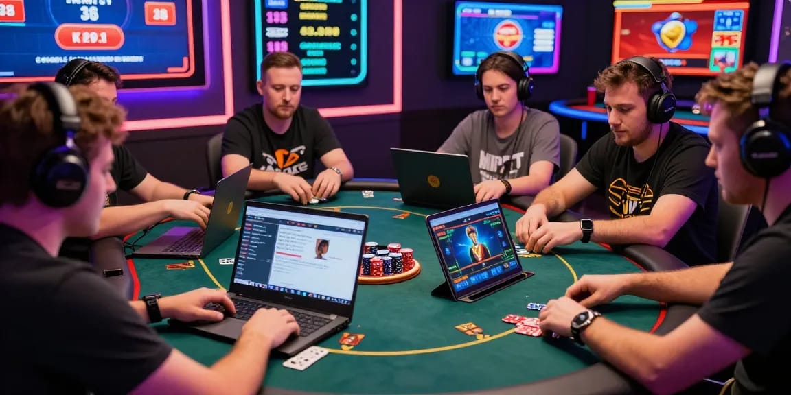 Dewapoker players engaged in vibrant online gaming with colorful visuals and interactive devices.