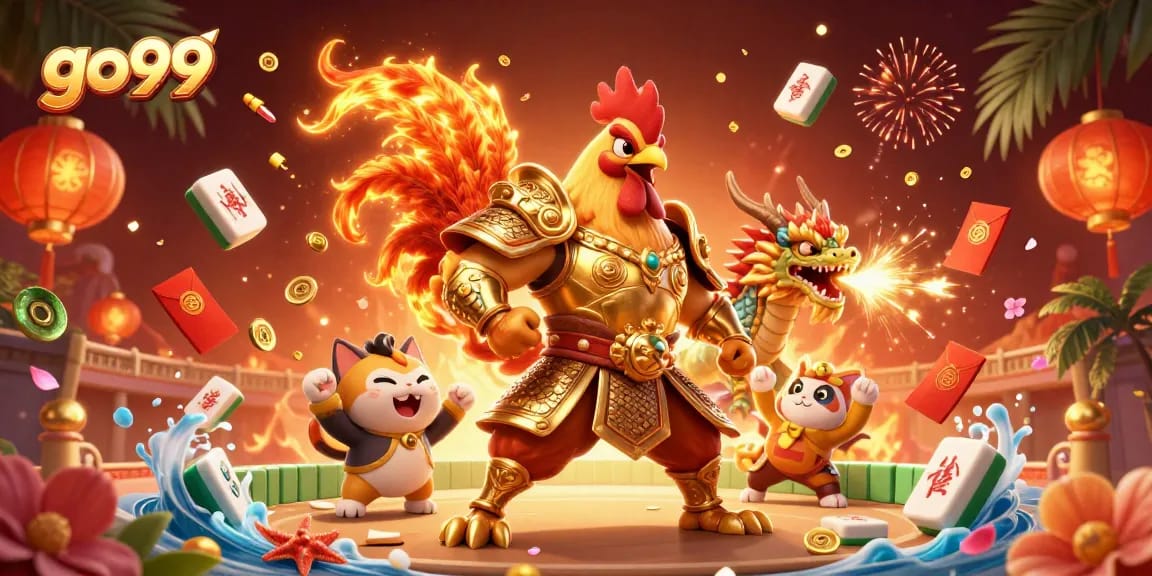 Engage in go99 cockfighting action with a warrior rooster, armored dragon, and lively game elements.