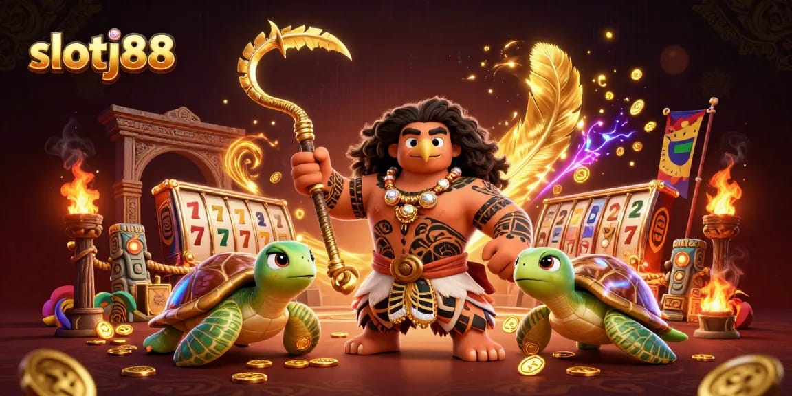 Experience thrilling gameplay at slotj88 with a vibrant illustration featuring a demigod and turtle sidekick.