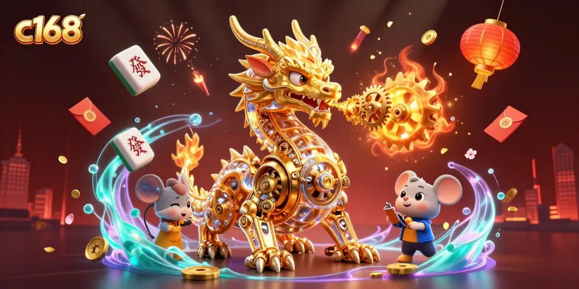 Witness the excitement at c168 with a golden dragon and casino games in a dynamic 3D scene.