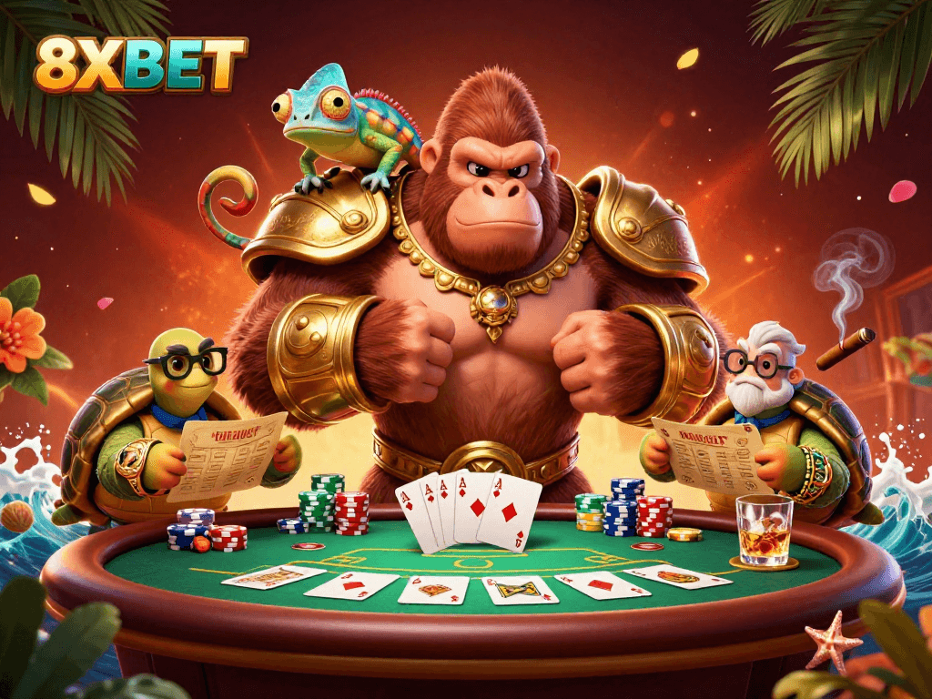 Experience thrilling poker moments at 8XBET with dynamic gaming characters and vibrant casino elements.