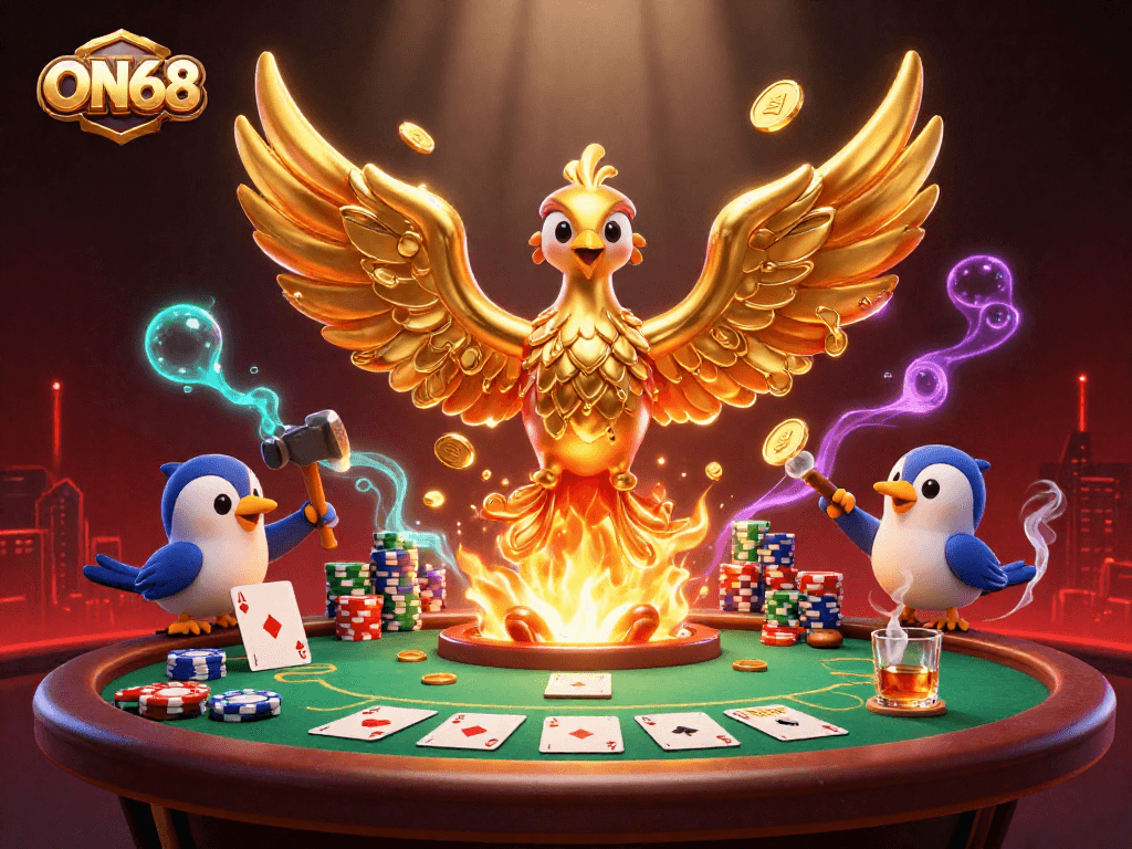 Experience a thrilling game at ON68 with a molten gold phoenix and dynamic poker action.