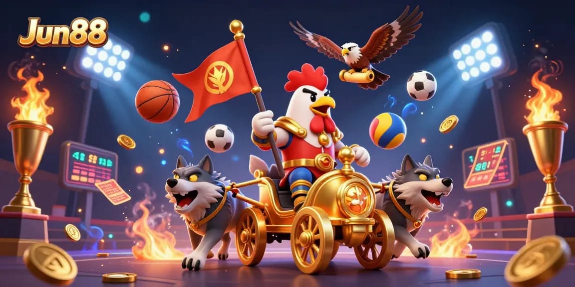 Engage with Jun88 in a dynamic casino scene featuring a rooster warlord and gold elements.