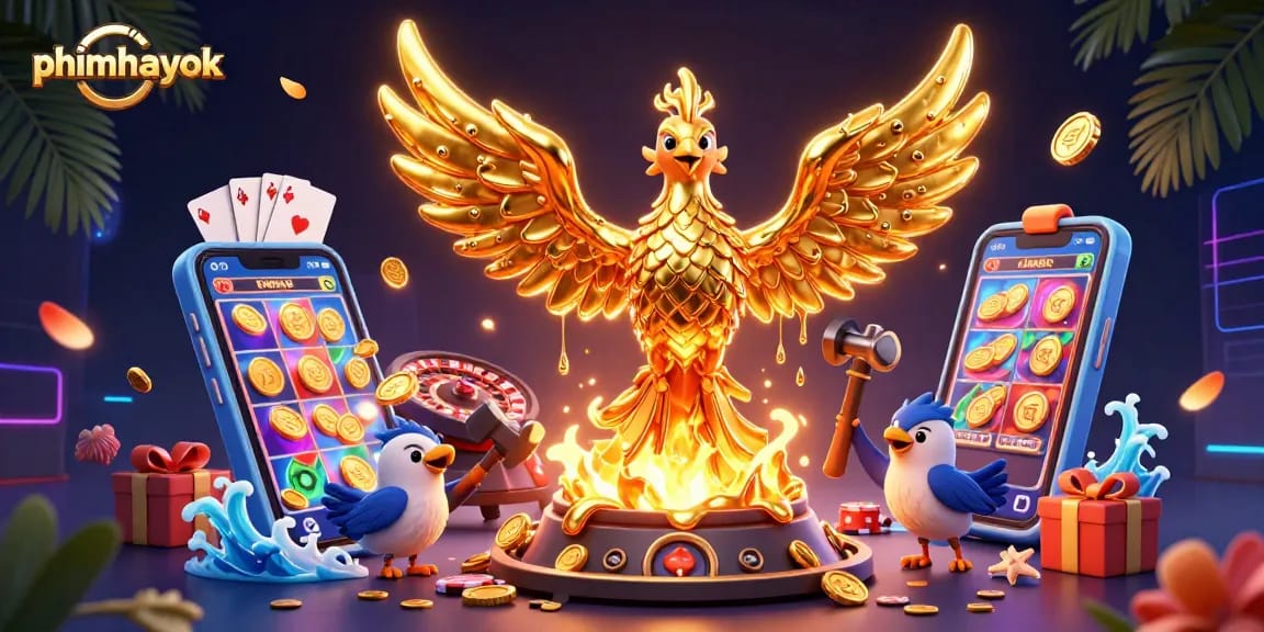 Experience thrilling wins with phimhayok's vibrant gaming scene featuring a golden phoenix and rich casino elements.
