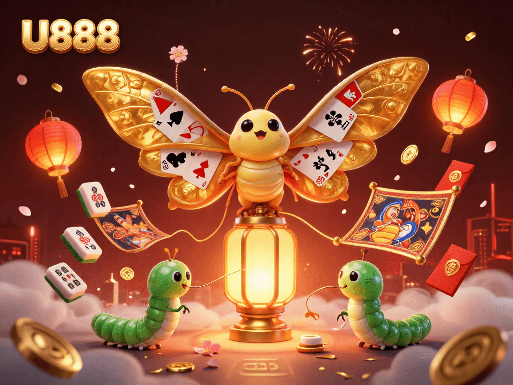 U888 players enjoy a vibrant and captivating casino scene with a legendary moth and festive elements